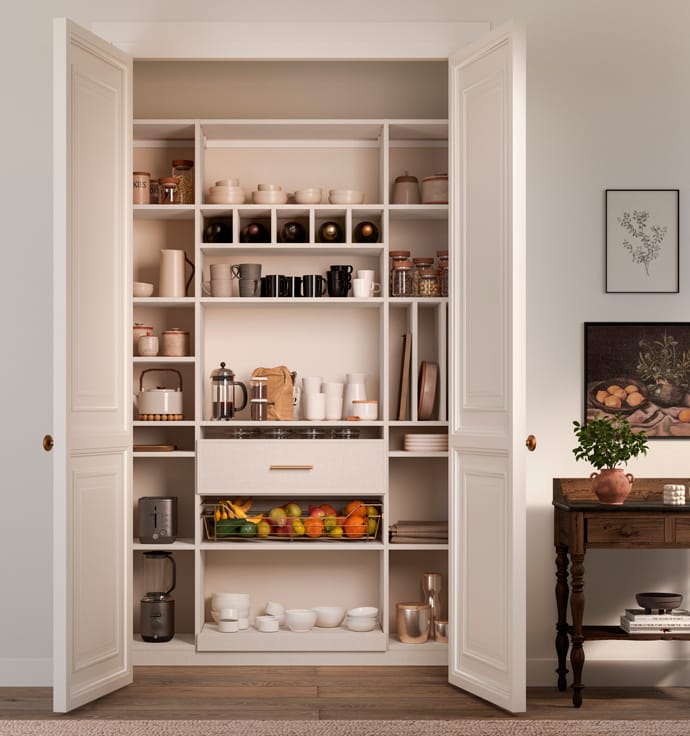 Small kitchen pantry reach in closet custom shelving and doors by California Closets