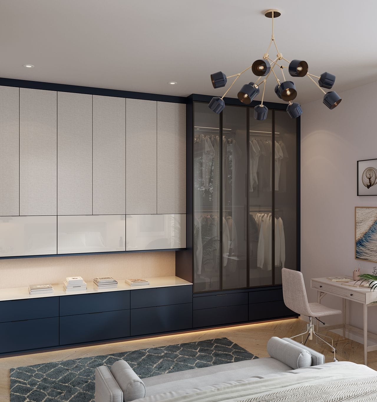 Closet with designed glass closet doors and drawers by California Closets