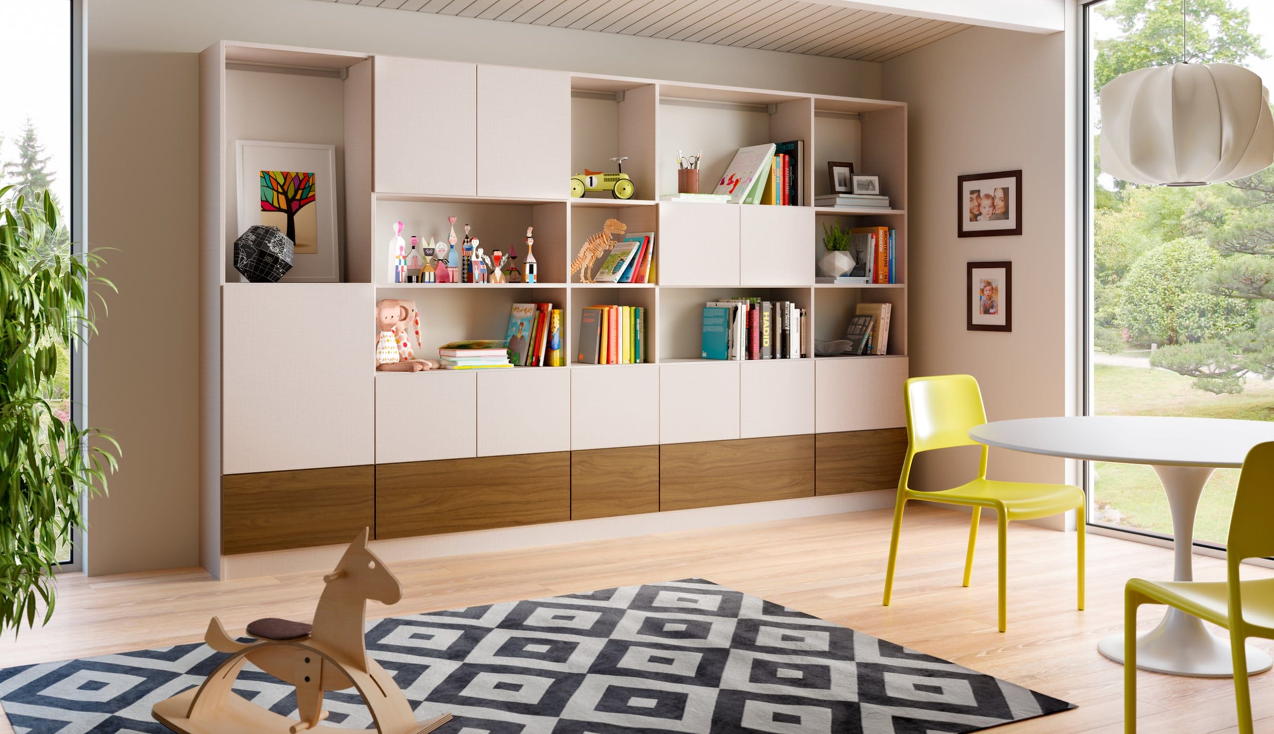 After new playroom storage design with built in custom storage cabinets shelving and cubbies in natural finishes by California Closets